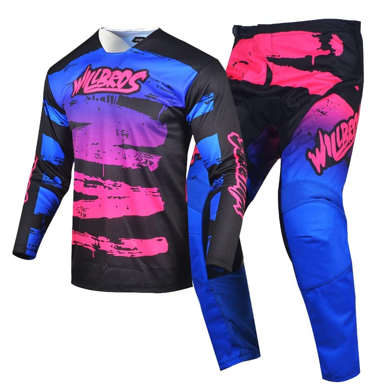 Willbros Motocross Jersey Pant Combo Men Women Motorcycle MX Gear Set Cycling Offroad Dirt Bike Adult Riding BMX ATV Pink Blue Jersey XXXL Pants 40 - Image 2