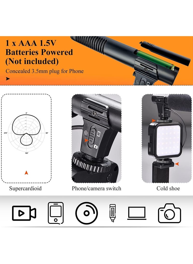 مجموعة فلوق فيديو 6 في 1 للموبايل – تضم ميكروفون بندقية، إضاءة سيلفي، حامل ثلاثي، حامل هاتف، حامل مضاد للاهتزاز وفوم عازل للضوضاء – مثالية لليوتيوب وتيك توك وصناعة المحتوى - Image 2