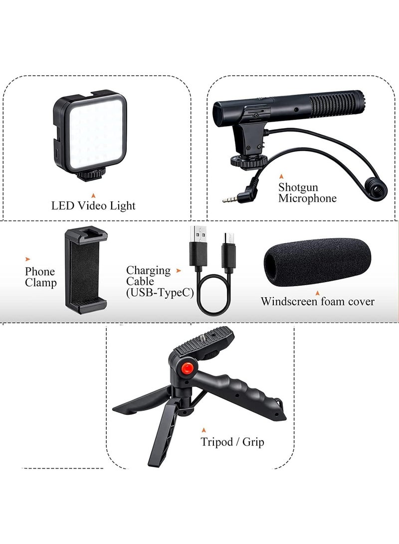 مجموعة فلوق فيديو 6 في 1 للموبايل – تضم ميكروفون بندقية، إضاءة سيلفي، حامل ثلاثي، حامل هاتف، حامل مضاد للاهتزاز وفوم عازل للضوضاء – مثالية لليوتيوب وتيك توك وصناعة المحتوى - Image 5