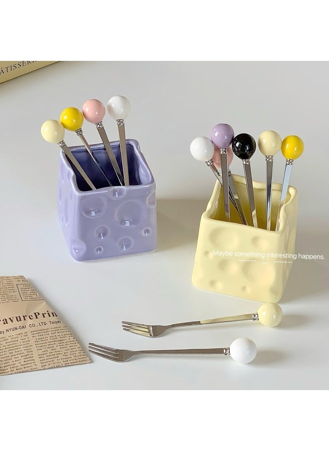Generic - High Appearance Value Ins Style Fruit Fork Stainless Steel Advanced Sense Household Dessert Small Fork Multi-Functional Storage Can Suit-Color:Milk White Cheese Jar + Fruit Fork Mixed Color Set - Image 1