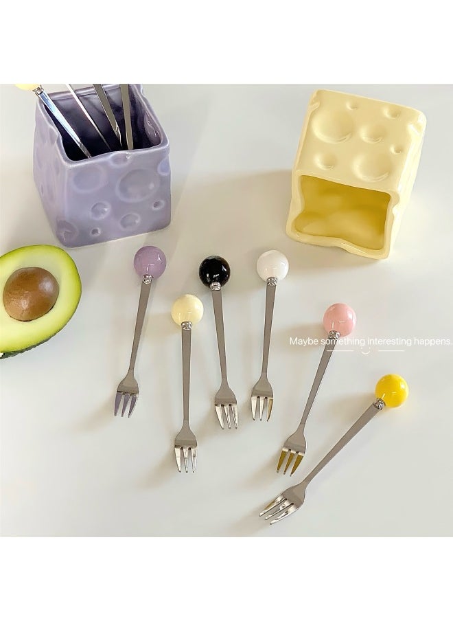 Generic - High Appearance Value Ins Style Fruit Fork Stainless Steel Advanced Sense Household Dessert Small Fork Multi-Functional Storage Can Suit-Color:Milk White Cheese Jar + Fruit Fork Mixed Color Set - Image 1