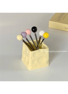 High Appearance Value Ins Style Fruit Fork Stainless Steel Advanced Sense Household Dessert Small Fork Multi-Functional Storage Can Suit-Color:Milk White Cheese Jar + Fruit Fork Mixed Color Set