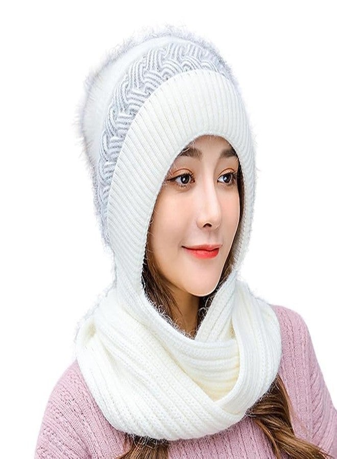 NISHIV Winter Knitted Warm Hat with Scarf Twist Color Fuzzy Slouchy Beanie Monkey Cap with Muffler for Ski Hiking Outdoor Girls & Ladies Multicolour (White) - Image 2