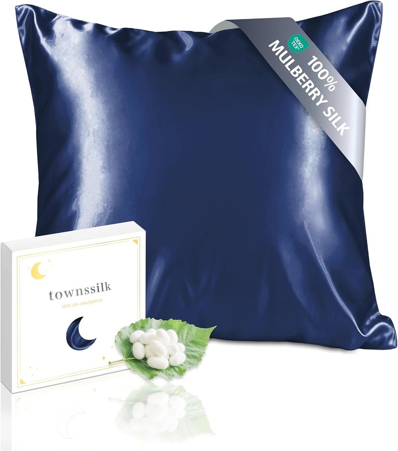 townssilk 100% 19 mm Pure Mulberry Silk Pillowcase for Hair and Skin Health, 1 Piece 65 x 65 cm Size Pillowcase with Hidden Zip 600 Thread Count Navy Blue - Image 1