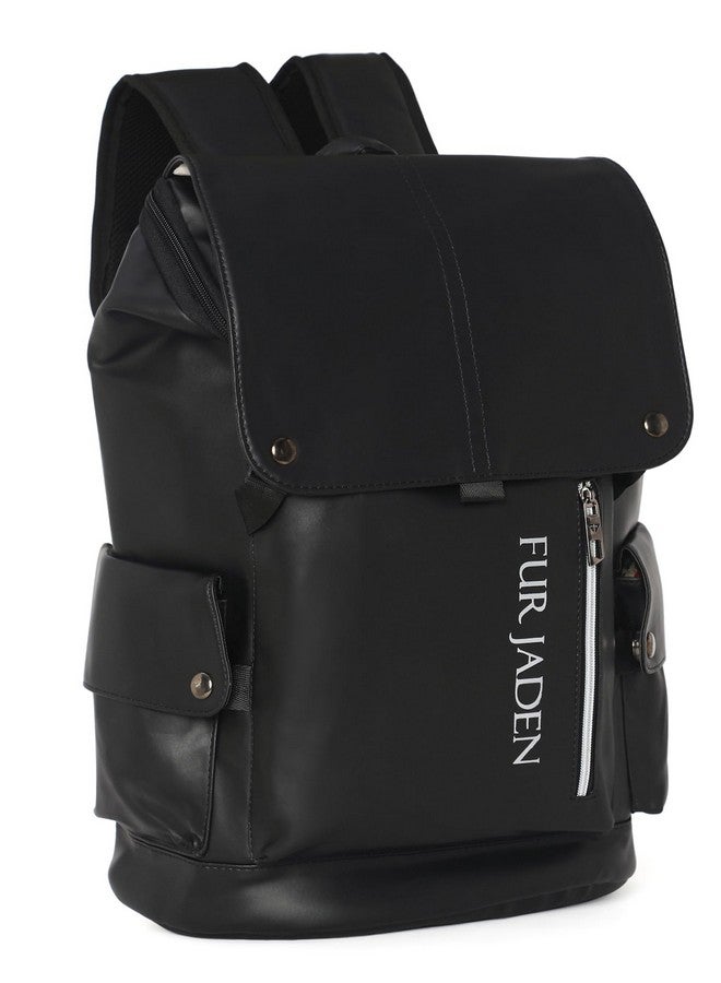 FUR JADEN Vegan Leather Stylish Casual Laptop Backpack For Men Women College Office Professionals (Stark Black) - Image 1