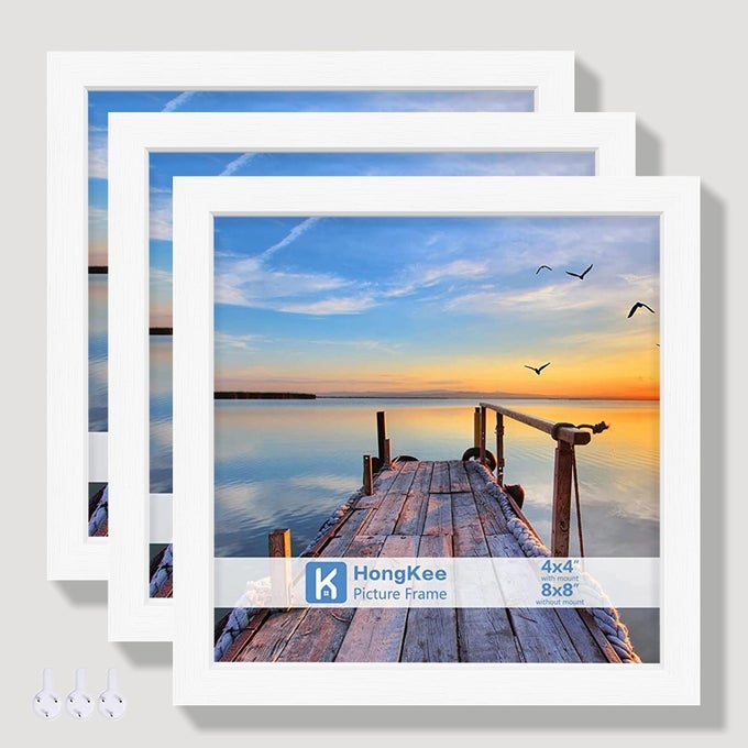 8X8 PICTURE FRAMES WITH REAL GLASS WHITE WOODEN SQUARE PHOTO FRAME SET OF 3 DISPLAYS 4X4 PICTURE WITH MAT OR 8X8 WITHOUT MAT DESKTOP WALL COLLAGE FRAME SET