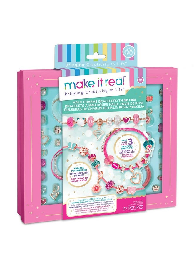 Make It Real Make It Real - Halo Charms Bracelets Think Pink - DIY Charm Bracelet Making Kit - Friendship Bracelet Kit with Beads, Charms & Cord - Arts & Crafts Bead Kit for Girls - Makes 3 Bracelets  - Image 1