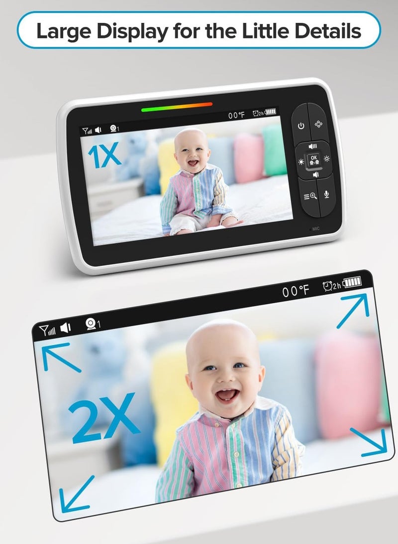 Baby Monitor - Large 5 Screen with 30Hrs Battery Life - Remote Pan-Tilt-Zoom;No WiFi, Two-Way Audio, Night Vision, Temperature, Lullabies, 960ft Long Range Baby Monitor with Camera and Audio - Image 3