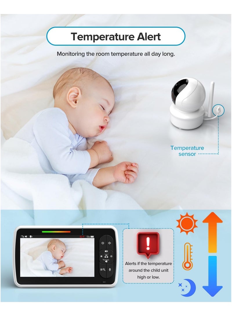 Baby Monitor - Large 5 Screen with 30Hrs Battery Life - Remote Pan-Tilt-Zoom;No WiFi, Two-Way Audio, Night Vision, Temperature, Lullabies, 960ft Long Range Baby Monitor with Camera and Audio - Image 5