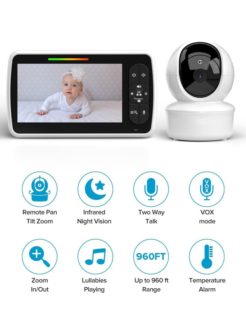 Baby Monitor - Large 5 Screen with 30Hrs Battery Life - Remote Pan-Tilt-Zoom;No WiFi, Two-Way Audio, Night Vision, Temperature, Lullabies, 960ft Long Range Baby Monitor with Camera and Audio - Image 2