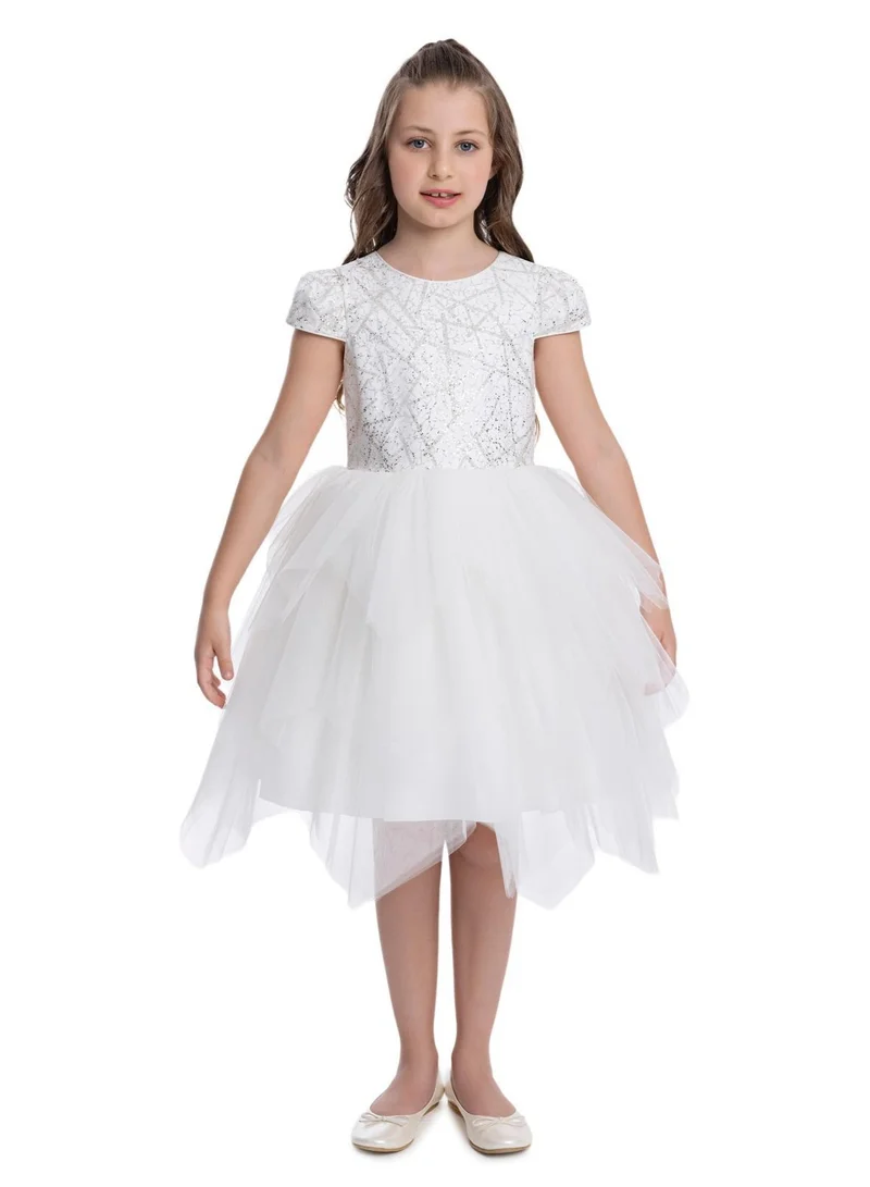 فيا بامبينو فستان حفلات تول لامع للبنات أبيض