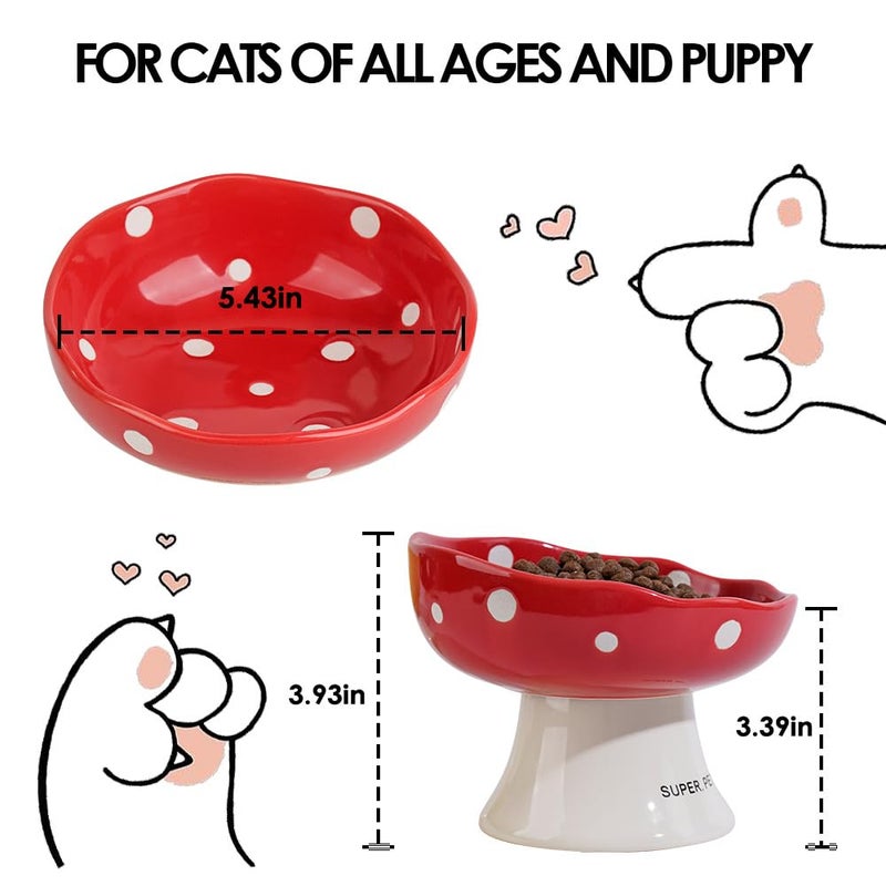 TRUNDISAN Ceramic Elevated Mushroom Cat Bowls, Tilted Raised Pet Dish Anti Vomit Kitten Bowl for Indoor Cats, Whisker Friendly Pet Food and Water Bowl for Kitten, Cat, Puppies, Dishwasher Safe (Red) - Image 3