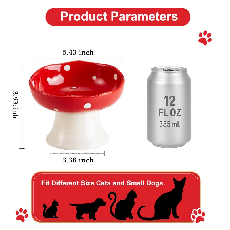 TRUNDISAN Ceramic Elevated Mushroom Cat Bowls, Tilted Raised Pet Dish Anti Vomit Kitten Bowl for Indoor Cats, Whisker Friendly Pet Food and Water Bowl for Kitten, Cat, Puppies, Dishwasher Safe (Red) - Image 2