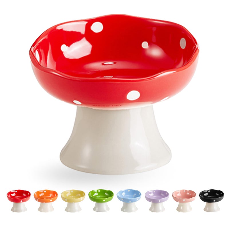 TRUNDISAN Ceramic Elevated Mushroom Cat Bowls, Tilted Raised Pet Dish Anti Vomit Kitten Bowl for Indoor Cats, Whisker Friendly Pet Food and Water Bowl for Kitten, Cat, Puppies, Dishwasher Safe (Red) - Image 1
