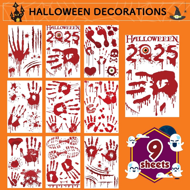 OHOME Halloween Party Decorations - Bloody Handprint Footprint Window Clings for Halloween Bathroom Decor Indoor Outdoor | Trick or Treat Stickers Decals for Office Door Wall Party Favors Supplies - Image 1
