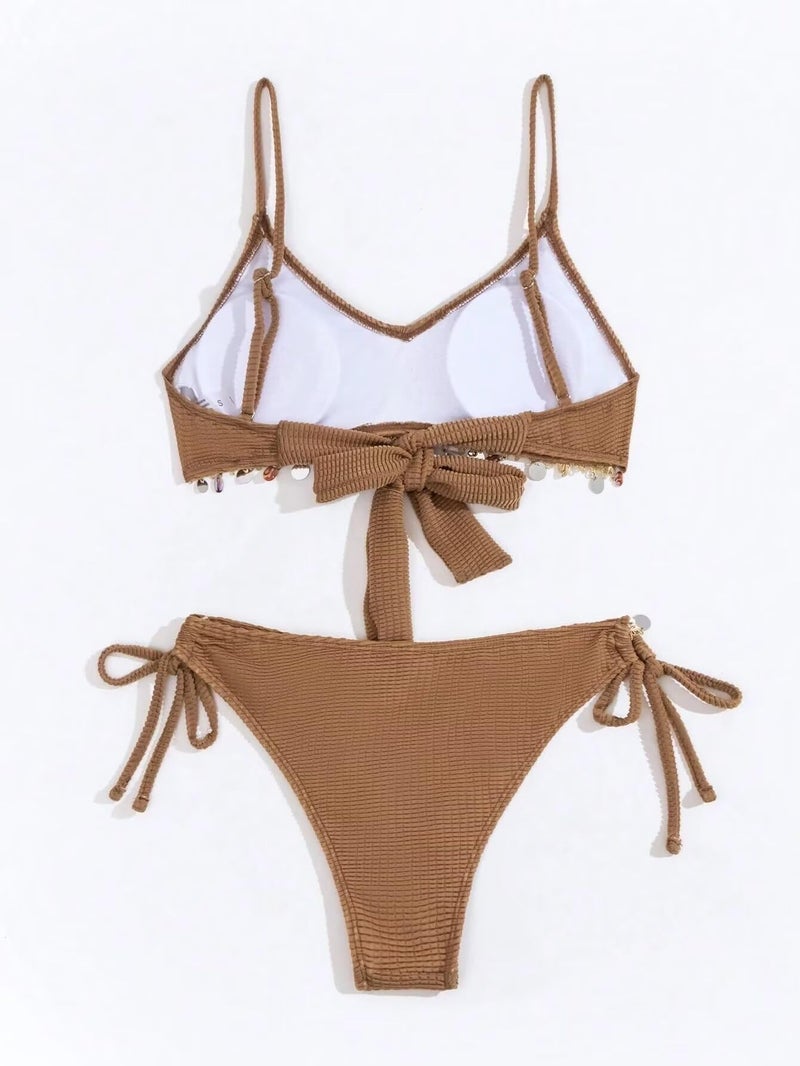 Falainetee Women's Shell Decoration Bathing Suit Spaghetti Strap Summer Swimsuit Bikini Set Light Brown M - Image 2