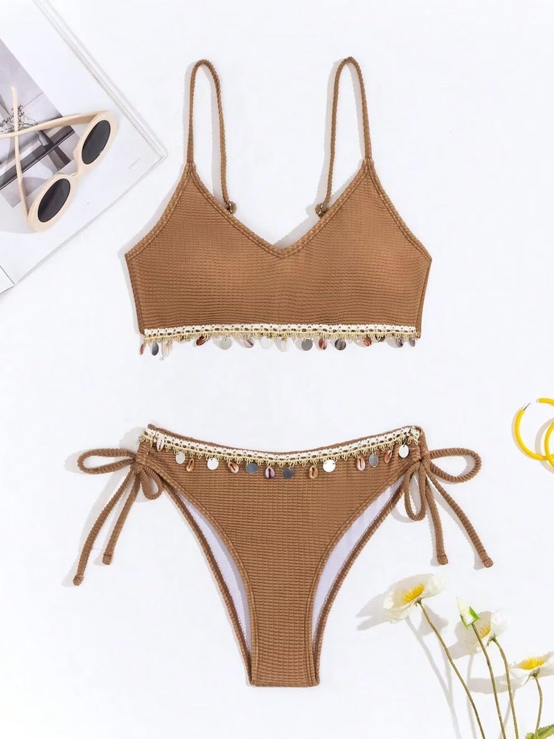 Falainetee Women's Shell Decoration Bathing Suit Spaghetti Strap Summer Swimsuit Bikini Set Light Brown M - Image 5