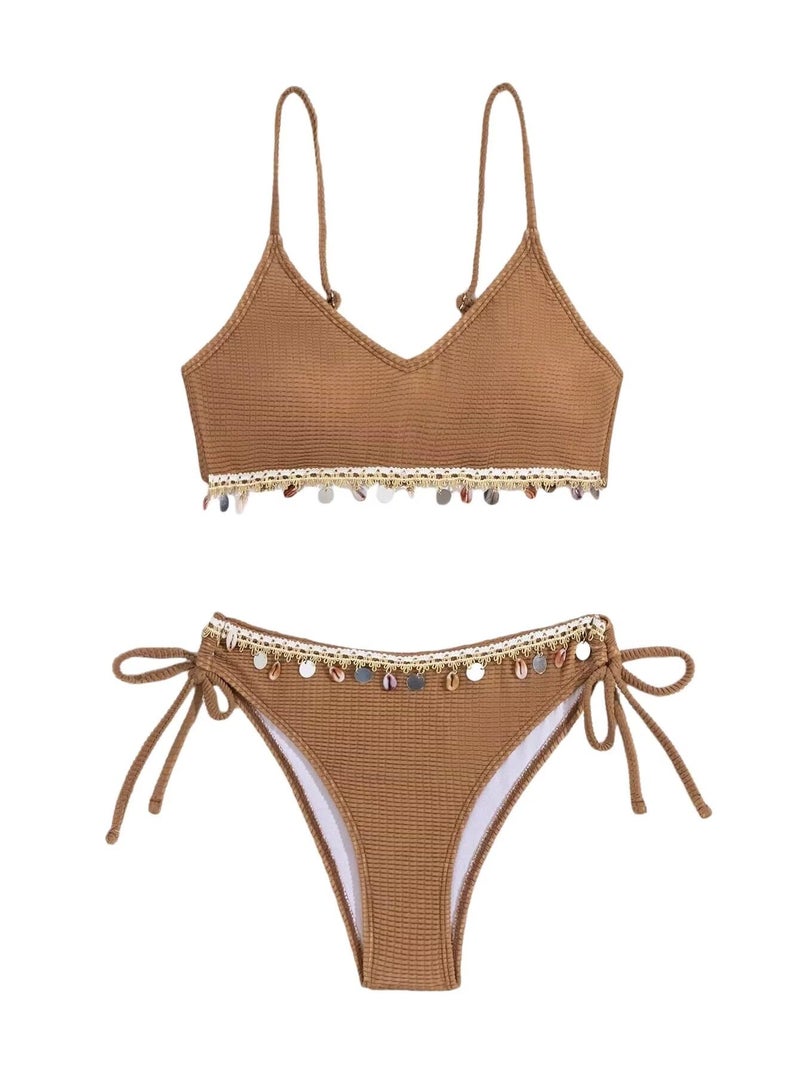 Falainetee Women's Shell Decoration Bathing Suit Spaghetti Strap Summer Swimsuit Bikini Set Light Brown M - Image 1