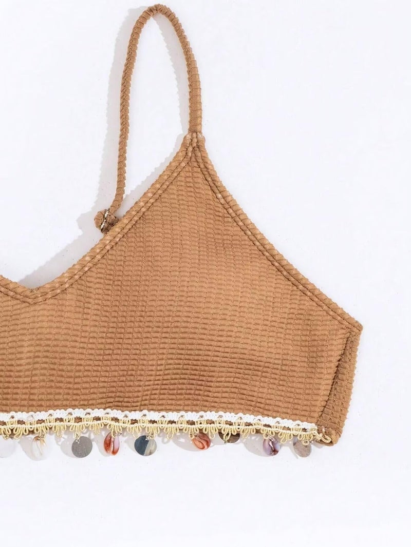 Falainetee Women's Shell Decoration Bathing Suit Spaghetti Strap Summer Swimsuit Bikini Set Light Brown M - Image 3