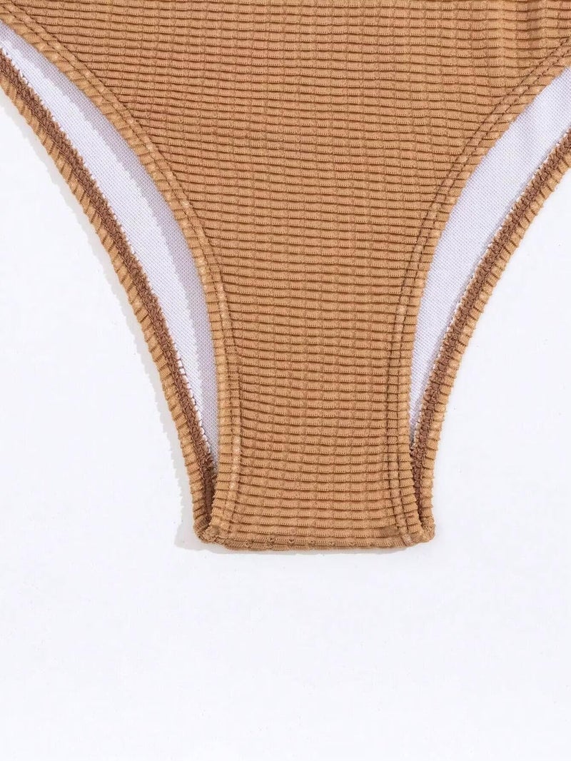 Falainetee Women's Shell Decoration Bathing Suit Spaghetti Strap Summer Swimsuit Bikini Set Light Brown M - Image 4