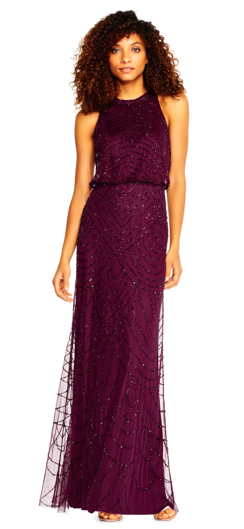 Adrianna Papell Women's Art Deco Beaded Blouson Dress with Halter Neckline, Cassis, 14 - Image 1
