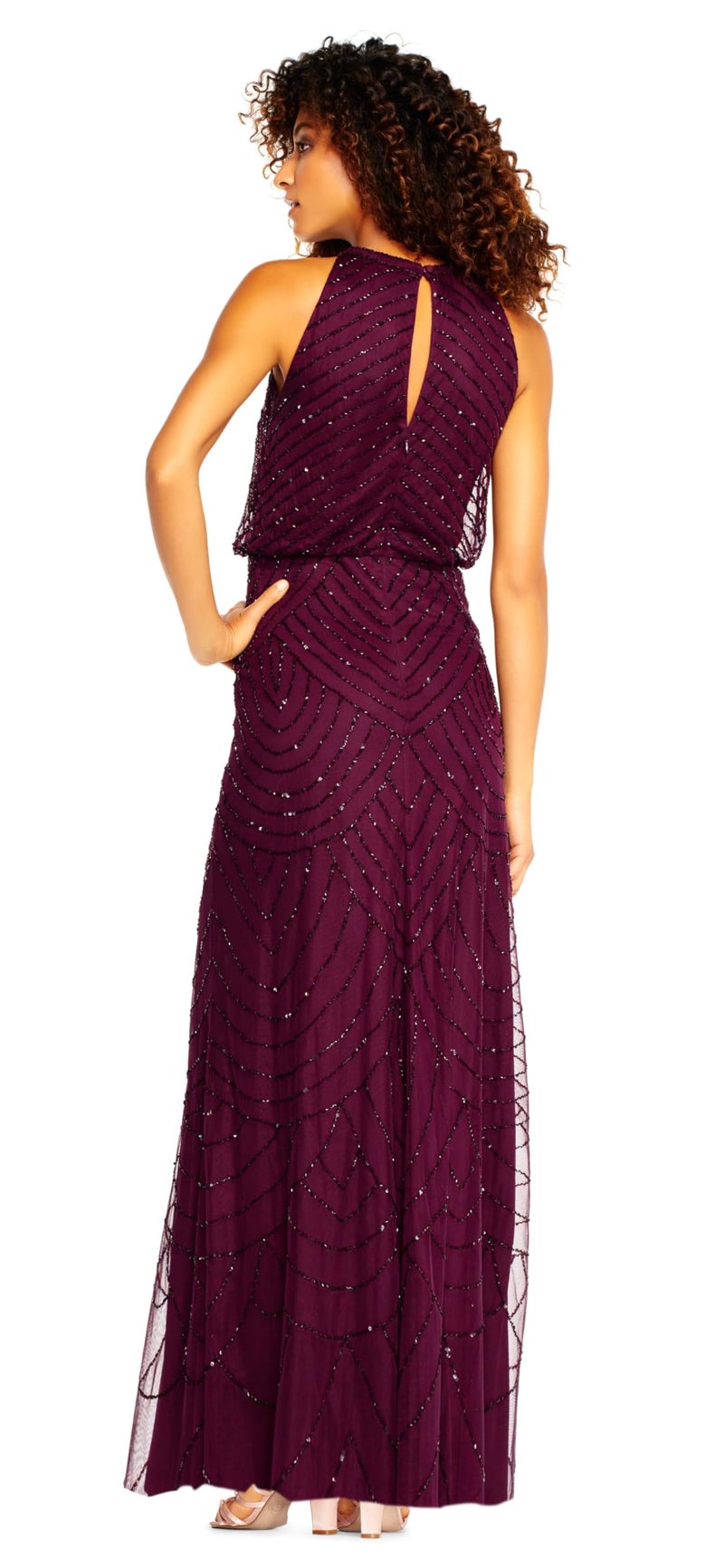 Adrianna Papell Women's Art Deco Beaded Blouson Dress with Halter Neckline, Cassis, 14 - Image 2