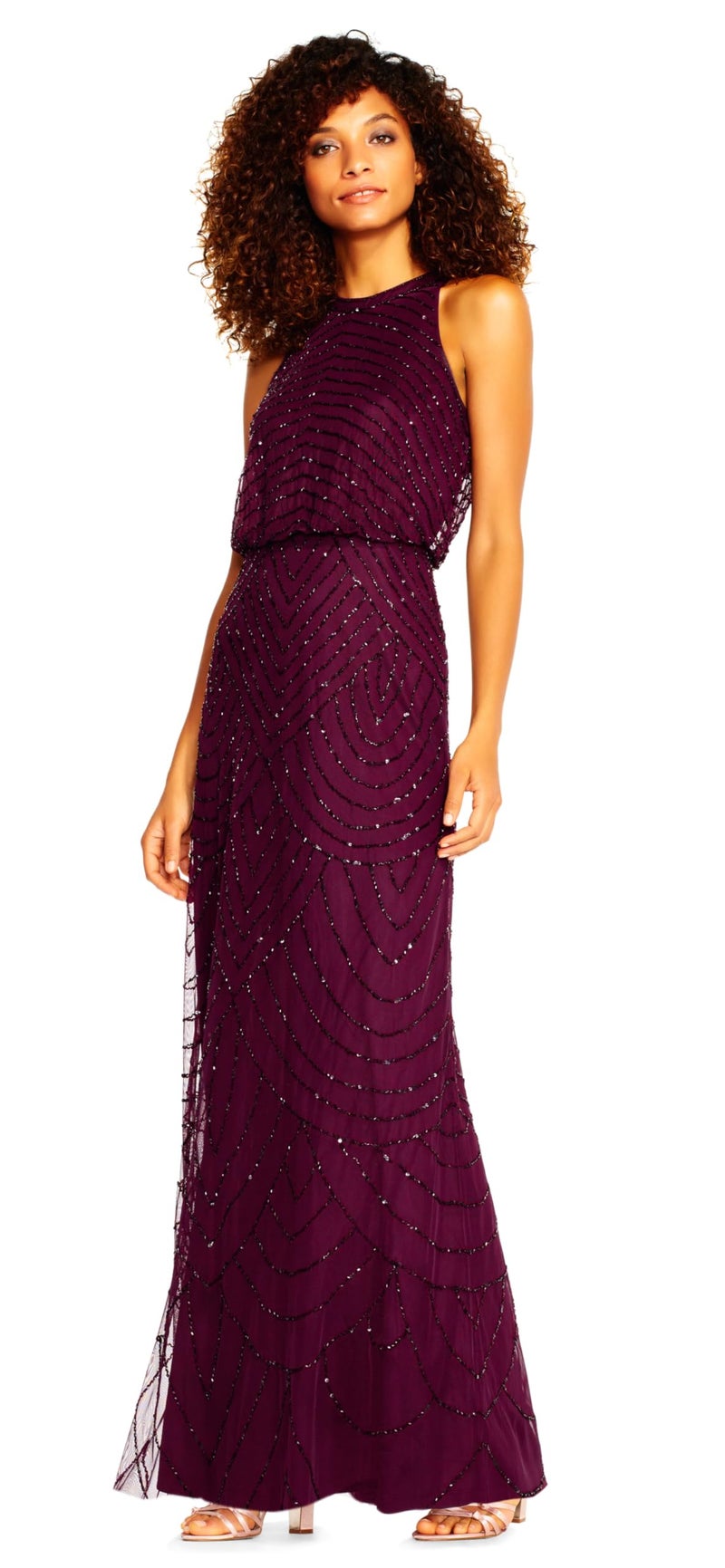 Adrianna Papell Women's Art Deco Beaded Blouson Dress with Halter Neckline, Cassis, 14 - Image 5