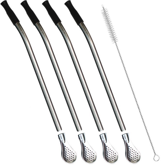 REUSABLE BOMBILLA YERBA MATE STRAW STAINLESS STEEL REMOVABLE SPOON STYLE FILTER WITH SOFT SILICONE TIP METAL STRAW FOR DRINKING LOOSE LEAF TEA COFFEE INCLUDES CLEANING BRUSH BY BLACK