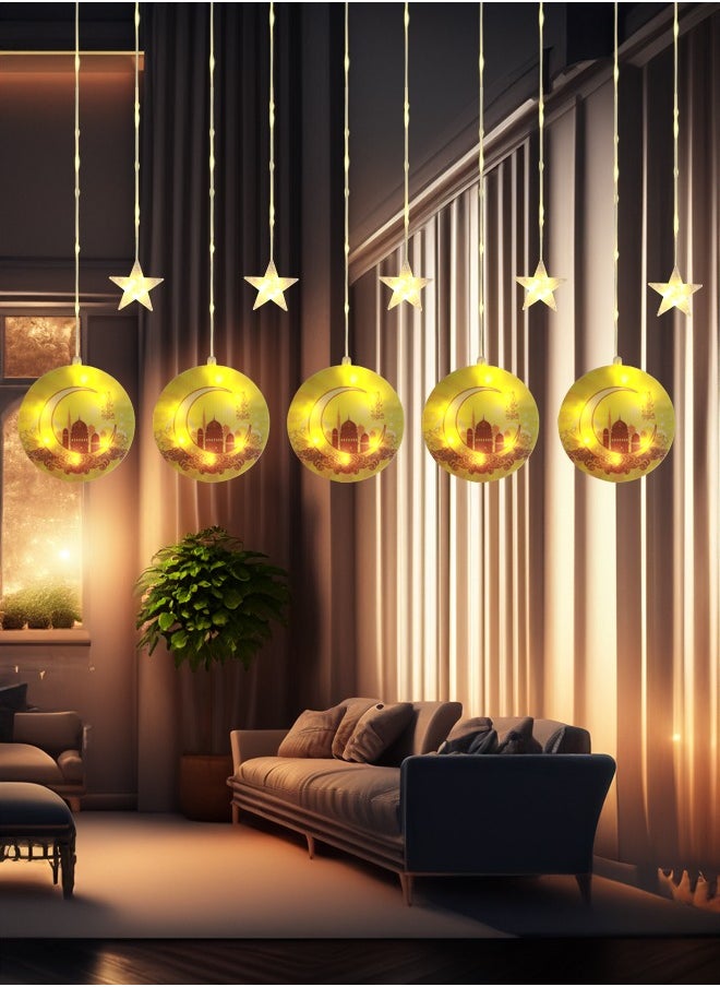 Nisf Al Qamar 5-Star Ramadan Lighting With 5 Decorated Circles Containing a Crescent AND Ramadan Mubarak, Connected Directly TO Electricity, 3 meters  - Image 1