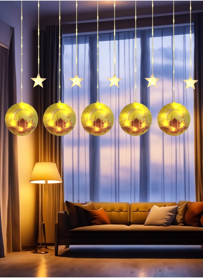 Nisf Al Qamar 5-Star Ramadan Lighting With 5 Decorated Circles Containing a Crescent AND Ramadan Mubarak, Connected Directly TO Electricity, 3 meters  - Image 2