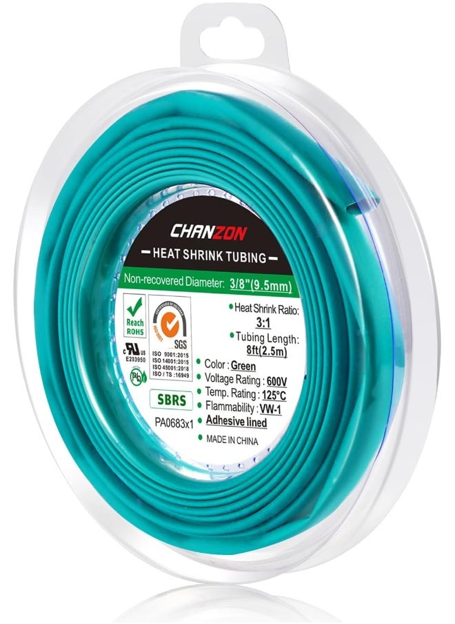 CHANZON Chanzon 3:1 Ratio 3/8" (9.5mm) Heat Shrink Tubing - Marine Grade Waterproof Adhesive Lined - 8Ft Roll (2.5M Total Length) Green Polyolefin Sleeving Wrap Shrinking 3 to 1 Ratio 1pcs  - Image 1