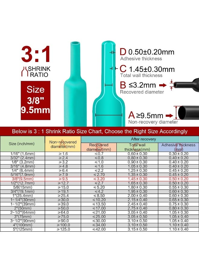CHANZON Chanzon 3:1 Ratio 3/8" (9.5mm) Heat Shrink Tubing - Marine Grade Waterproof Adhesive Lined - 8Ft Roll (2.5M Total Length) Green Polyolefin Sleeving Wrap Shrinking 3 to 1 Ratio 1pcs  - Image 3