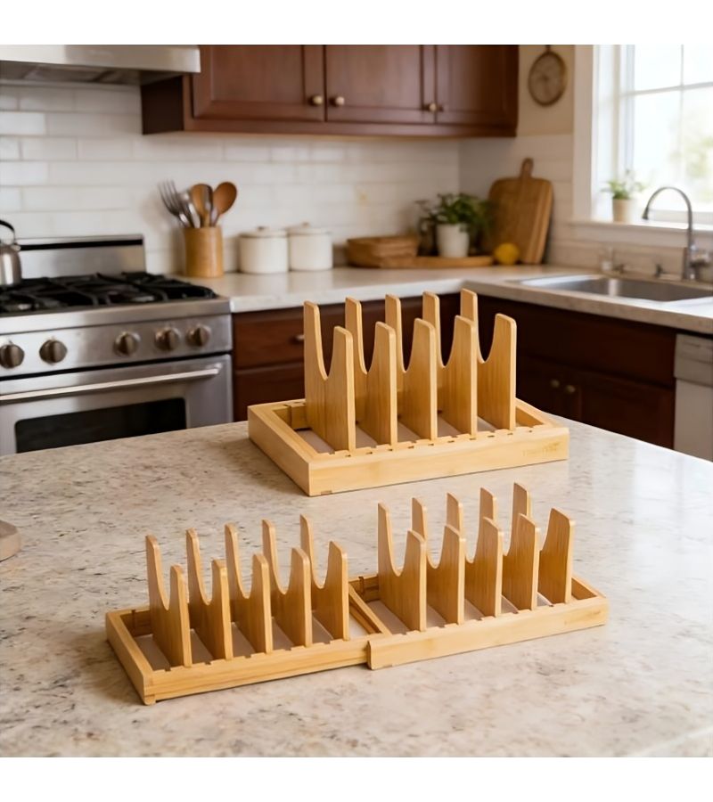 Bamboo Pot Lid Organizer With 10 Adjustable Dividers Expandable Wooden Storage Rack - Image 3