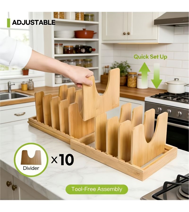 Bamboo Pot Lid Organizer With 10 Adjustable Dividers Expandable Wooden Storage Rack - Image 2