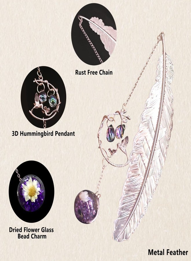 SAYEEC Metal Feather Bookmark Rose Gold Bookmarks with 3D Hummingbird Pendant Unique Book Marks Page Marker Teacher Appreciation Mother's Day Valentine's Day Birthday Gifts for Women Girls Book Lovers - Image 2