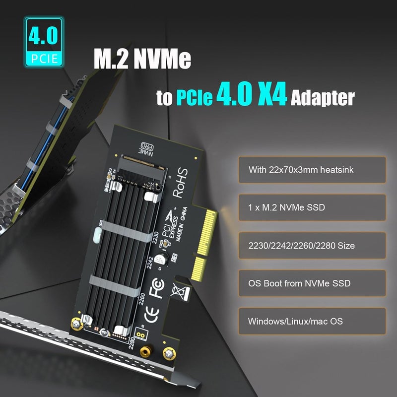 GLOTRENDS محول PA09-HS M.2 NVMe إلى PCIe 4.0 X4 مع مبرد M.2 لوحدة تخزين M.2 NVMe SSD - Image 2
