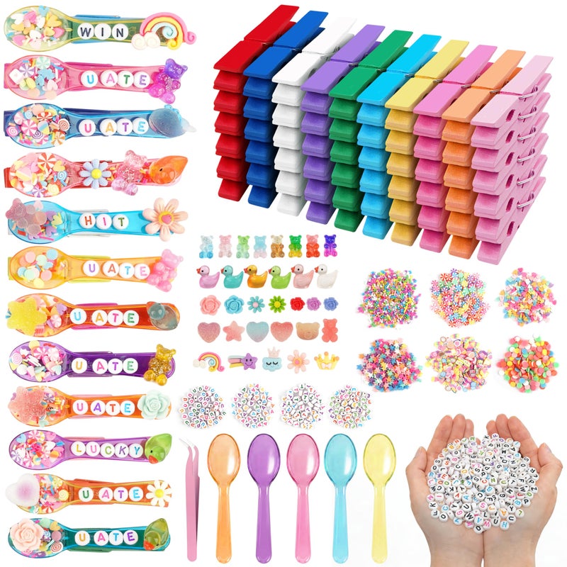Fayoo 50 Pack DIY Cheer Pin Kit - 50 pcs Wooden Clothes Pins, U ATE Beads, Cheer Spoons and Charms for Pep Rally Cheerleader Gifts Team Spirit Gifts for Girls Sports, Volleyball (Bright Color) - Image 1