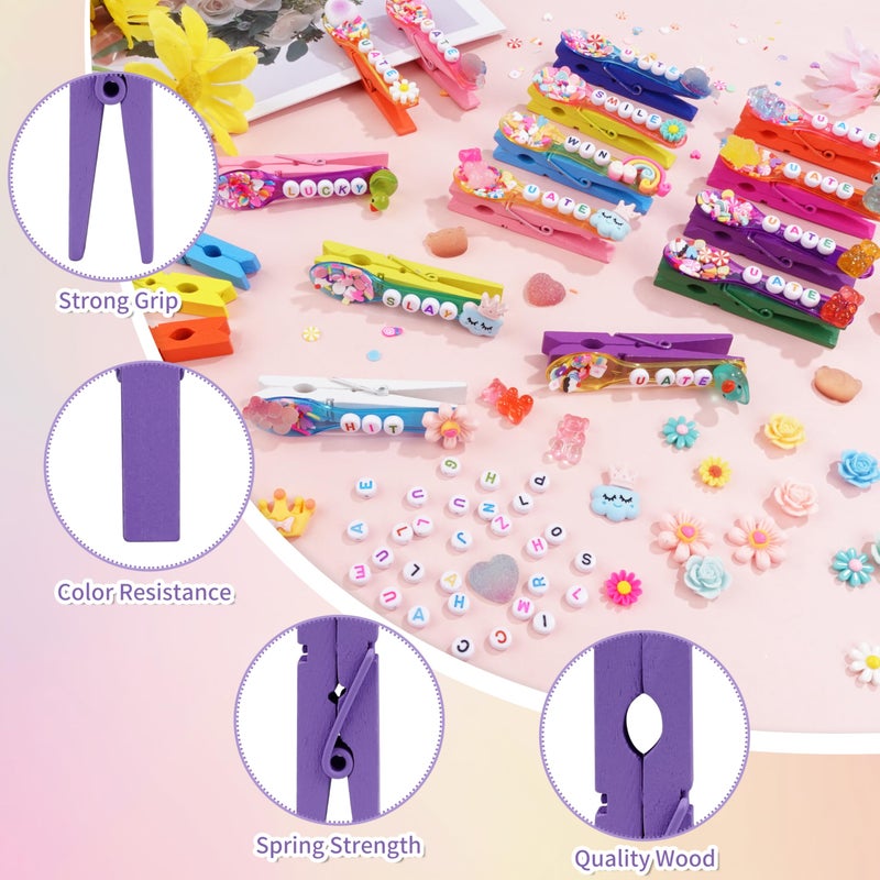 Fayoo 50 Pack DIY Cheer Pin Kit - 50 pcs Wooden Clothes Pins, U ATE Beads, Cheer Spoons and Charms for Pep Rally Cheerleader Gifts Team Spirit Gifts for Girls Sports, Volleyball (Bright Color) - Image 3