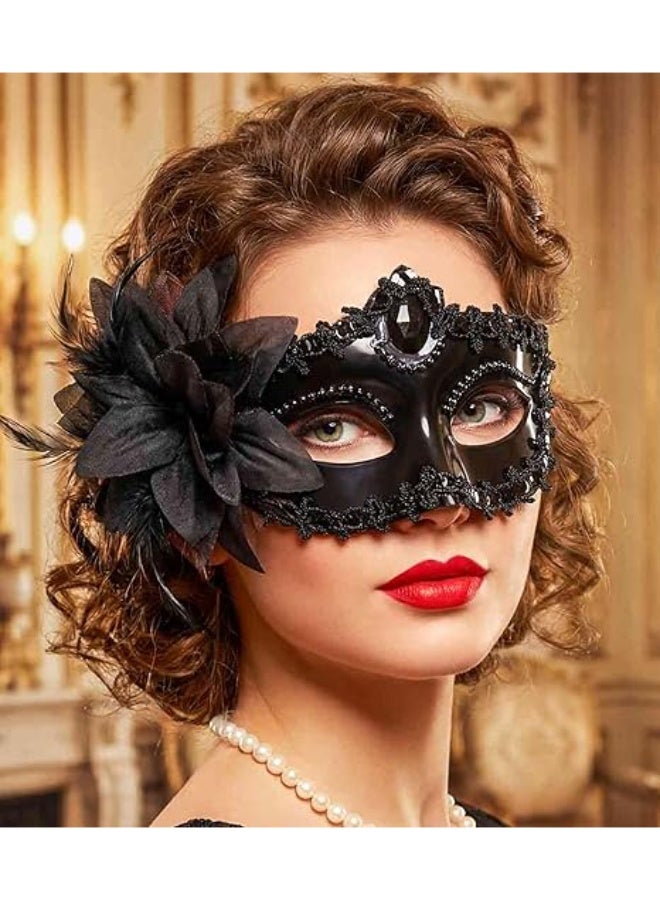قناع التنكر الأسود، قناع فينيسي للحفلات، أكسسوارات زي الحفلة الأنيقة من الدانتيل والزهور - Image 3