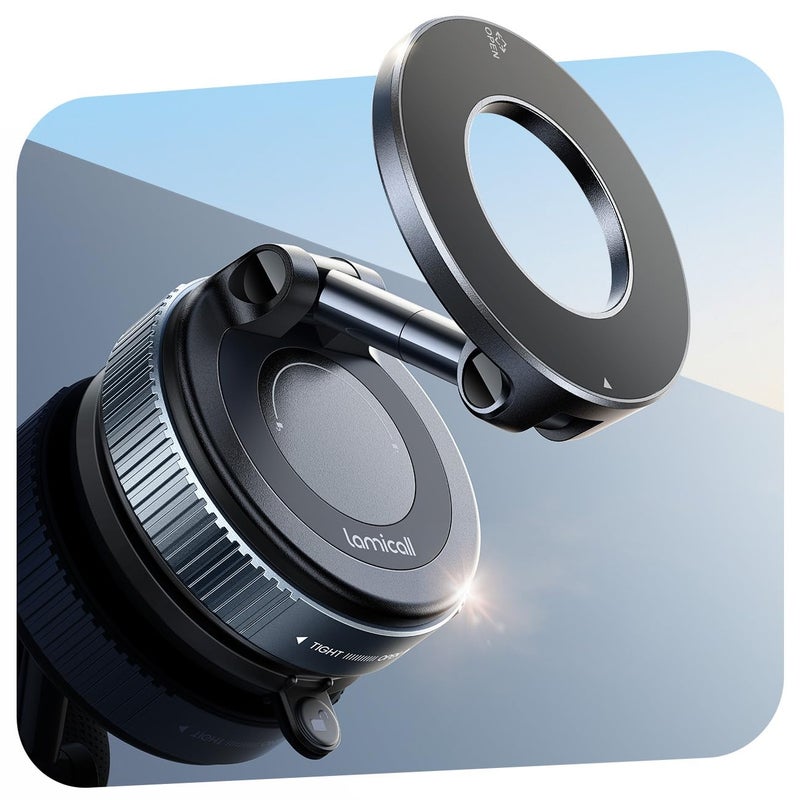Vacuum Magnetic Car Phone Holder, 2025 Upgraded Suction Cup Car Mount for Magsafe, 360° Rotatable for iPhone 17 16 15 13 12 Pro/Max/Plus/Air/Mini on Mirror, Smooth Surface, Windscreen - Black
