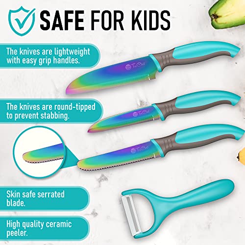 TruChef 5-Piece Kids Cooking Chef Knife Set | Real Stainless Steel Knives with Peeler, Serrated Knife & Holder | Kids Safe Rounded Tips, Easy-Grip Handles | Kitchen Knife Set (5 pcs, Aqua) - Image 2