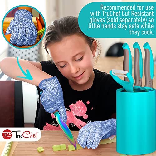 TruChef 5-Piece Kids Cooking Chef Knife Set | Real Stainless Steel Knives with Peeler, Serrated Knife & Holder | Kids Safe Rounded Tips, Easy-Grip Handles | Kitchen Knife Set (5 pcs, Aqua) - Image 4