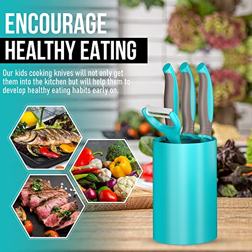 TruChef 5-Piece Kids Cooking Chef Knife Set | Real Stainless Steel Knives with Peeler, Serrated Knife & Holder | Kids Safe Rounded Tips, Easy-Grip Handles | Kitchen Knife Set (5 pcs, Aqua) - Image 5