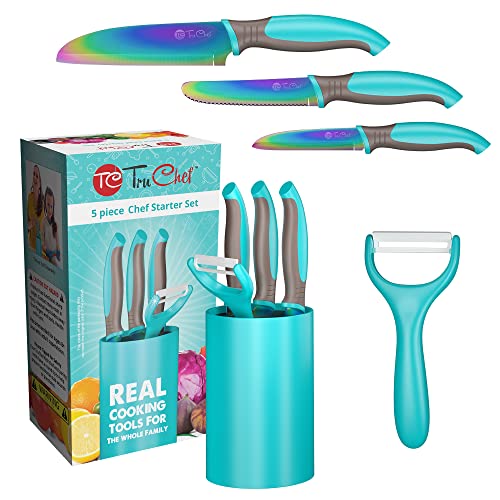 TruChef 5-Piece Kids Cooking Chef Knife Set | Real Stainless Steel Knives with Peeler, Serrated Knife & Holder | Kids Safe Rounded Tips, Easy-Grip Handles | Kitchen Knife Set (5 pcs, Aqua) - Image 1
