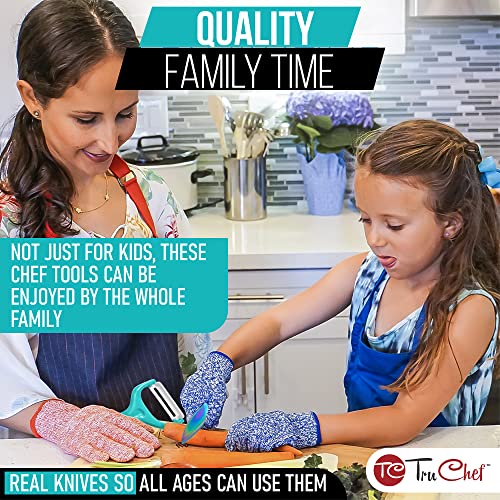 TruChef 5-Piece Kids Cooking Chef Knife Set | Real Stainless Steel Knives with Peeler, Serrated Knife & Holder | Kids Safe Rounded Tips, Easy-Grip Handles | Kitchen Knife Set (5 pcs, Aqua) - Image 3