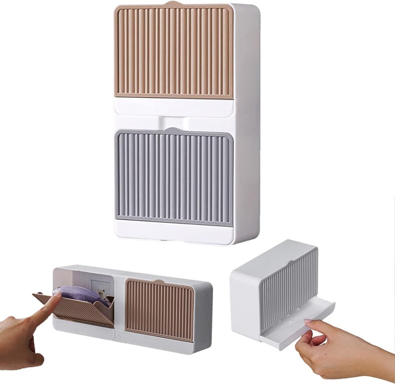 comfrt Wall-Mounted Soap Holder - Self Adhesive Soap Box - New-Upgrade Soap Dish Holder for Bathroom - Flip-Top Design & with Drainage Hole and Catch Water Container - Keep Soap Bars Dry (D-Grey + Khaki) - Image 1