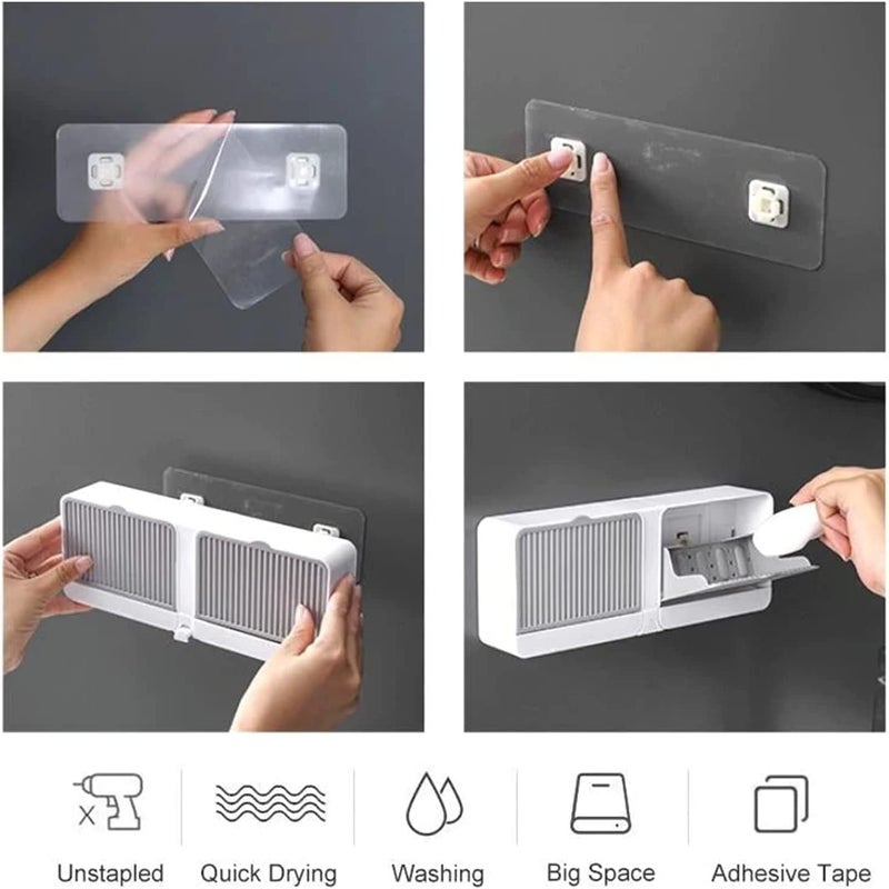 comfrt Wall-Mounted Soap Holder - Self Adhesive Soap Box - New-Upgrade Soap Dish Holder for Bathroom - Flip-Top Design & with Drainage Hole and Catch Water Container - Keep Soap Bars Dry (D-Grey + Khaki) - Image 5