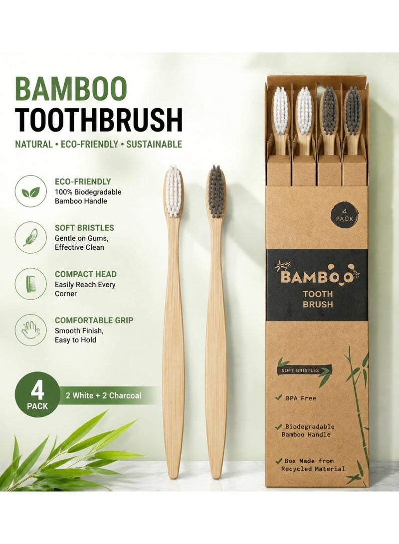 4-Pack Bamboo Charcoal Toothbrushes for Adults – Soft Bristle, Biodegradable Eco-Friendly Oral Care Set (2 White + 2 Gray) - Image 1