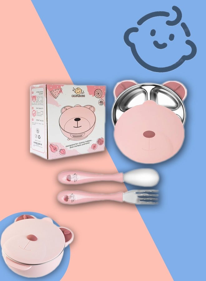 Cartoon Baby Divided Plate Stainless Steel Infants Feeding Bowl Feeding Plate Child Assisted Tableware(Pink) - Image 1