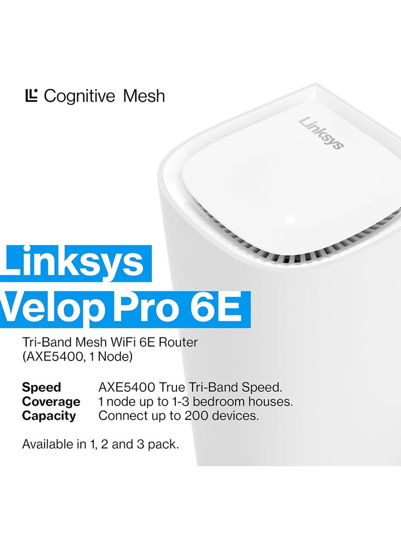 LINKSYS Velop Pro WiFi 6E Tri-Band Mesh System MX6201-KE - Cognitive Mesh Router with 6 Ghz Band Access & 5.4 Gbps True Gigabit Speed - Whole-Home Coverage up to 3,000 sq. ft. & 200 Devices - 1 Pack White - Image 2